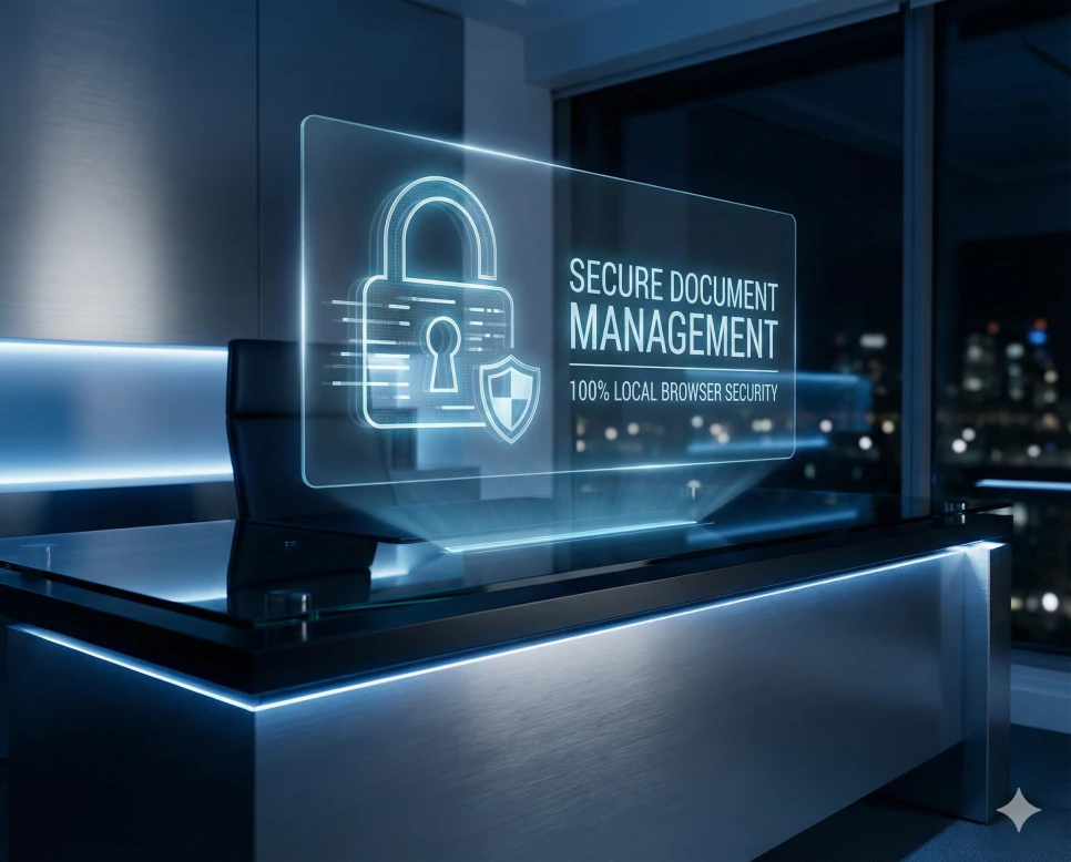 서버 전송 없이 로컬에서 안전하게 PDF 압축이 이루어짐을 나타내는 보안 중심 비즈니스 이미지