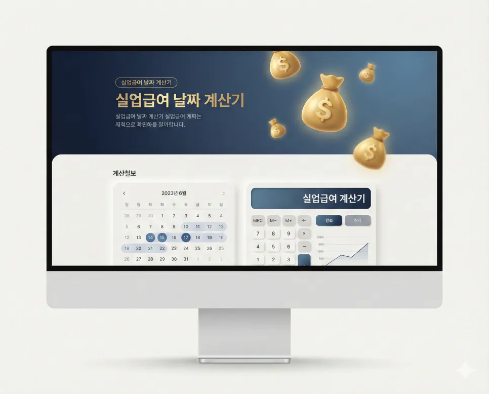 2026년 최신 상한액과 하한액 기준이 적용된 프리미엄 실업급여 날짜 및 예상 수급액 계산기 메인 화면