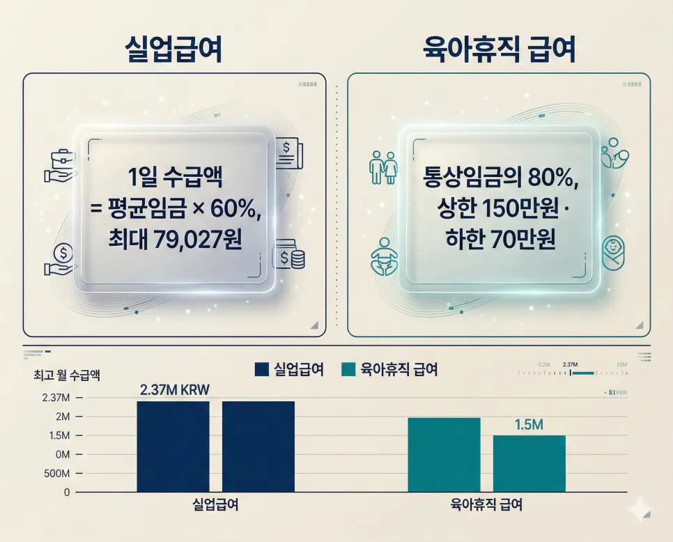 실업급여 1일 수급액 계산 공식과 육아휴직 급여 통상임금 80% 기준 지급액을 비교하는 데이터 대시보드
