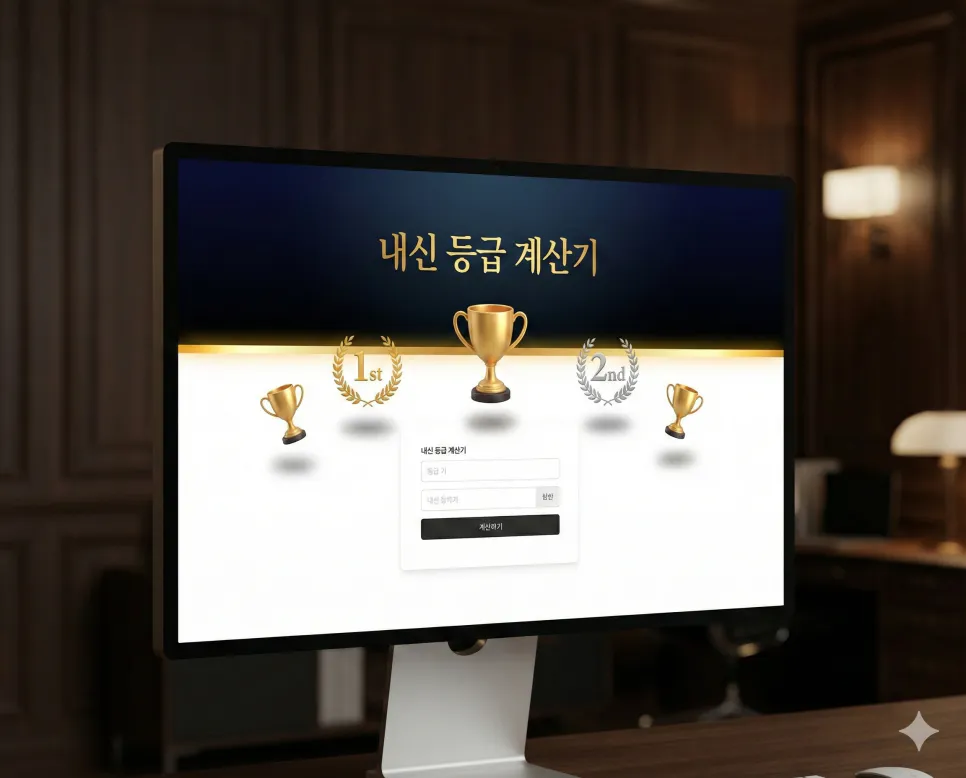 내신등급 계산기 : 고교 내신 계산기 통합 산출 1 블랙과 골드 톤의 럭셔리한 디자인이 적용된 고등학교 9등급제 내신등급 계산기 메인 화면