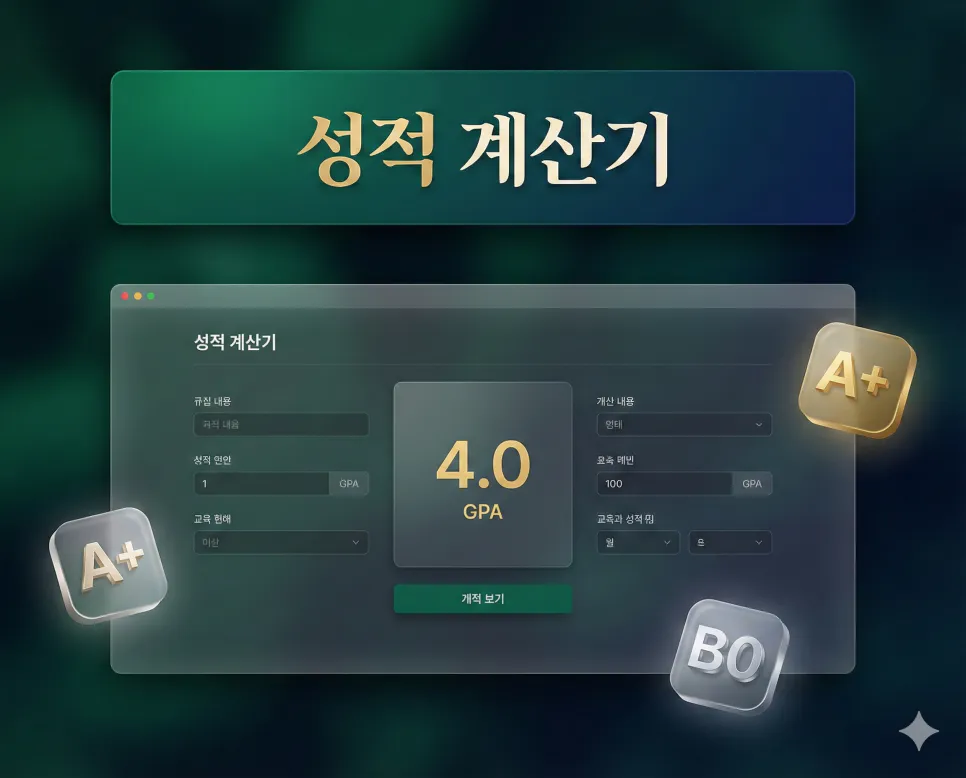 성적 계산기 포커스 키워드를 반영한 에메랄드 테마의 대학교 전용 성적 산출 프로그램 메인 화면