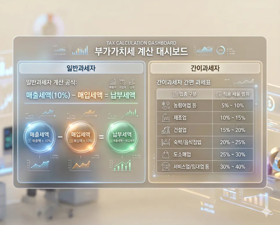 일반과세자 매출세액·매입공제·납부세액 계산 흐름과 간이과세자 업종별 부가가치율 비교 데이터 대시보드
