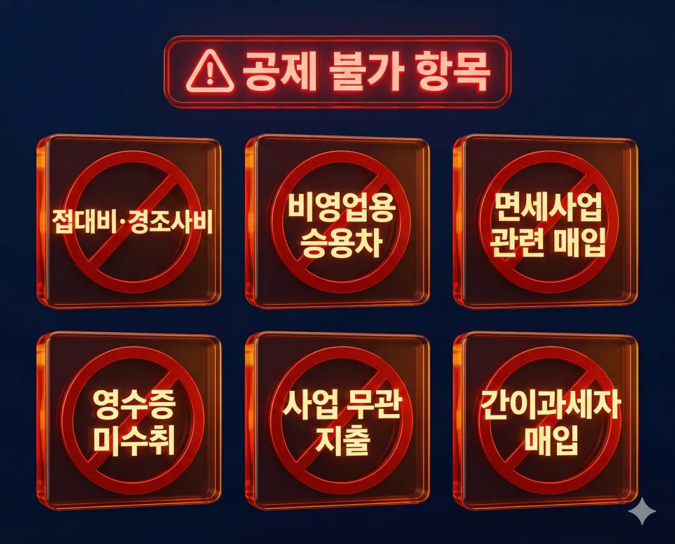 부가가치세 신고 시 매입세액 공제가 불가능한 항목과 주의사항을 정리한 인포그래픽 가이드

