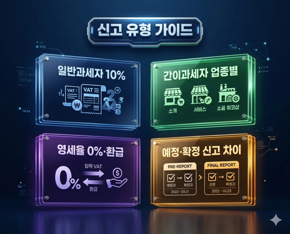 일반과세자·간이과세자·영세율 사업자 유형별 신고 기간·납부 방법·환급 기준을 설명하는 인포그래픽 FAQ
