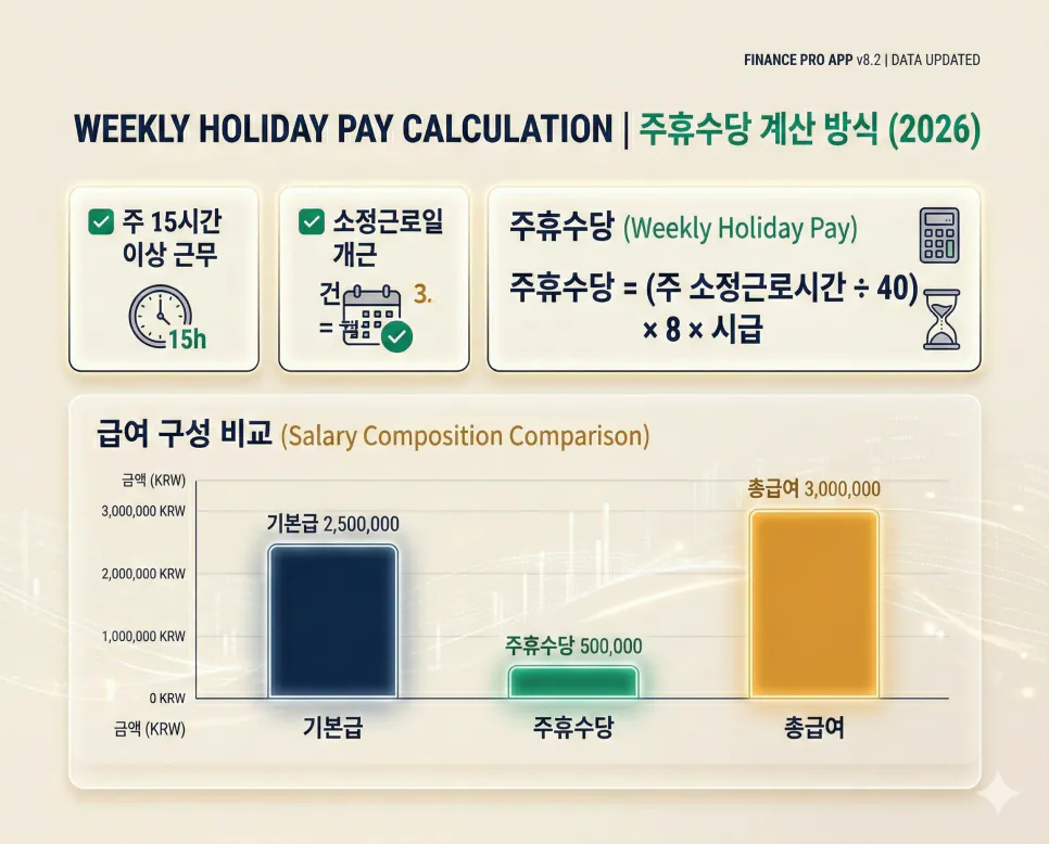 알바 급여 계산기 주휴수당 포함 세후 급여 완벽 계산 2 주 15시간 이상 근무 시 주휴수당 발생 조건과 주휴수당 계산 공식을 보여주는 알바 급여 계산기 데이터 대시보드
