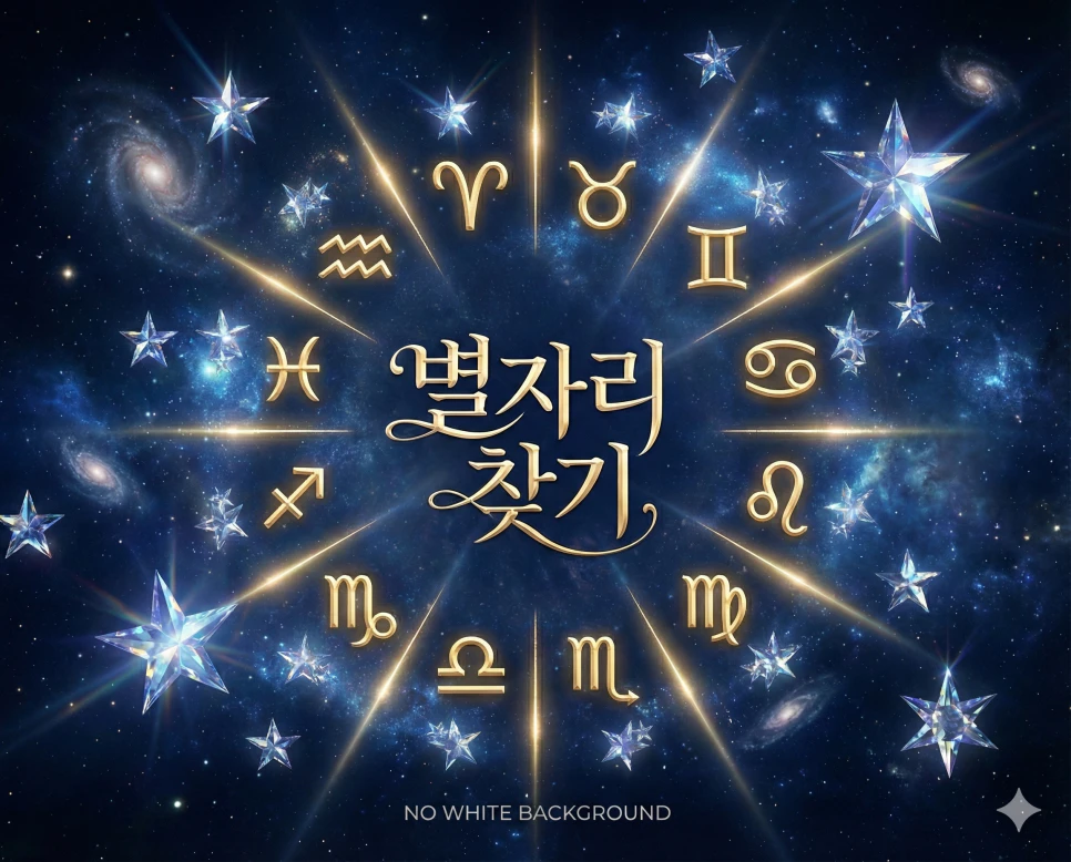 깊은 미드나잇 블루 우주를 배경으로 12가지 별자리 종류를 한눈에 확인하는 별자리 알아보기 메인 비주얼