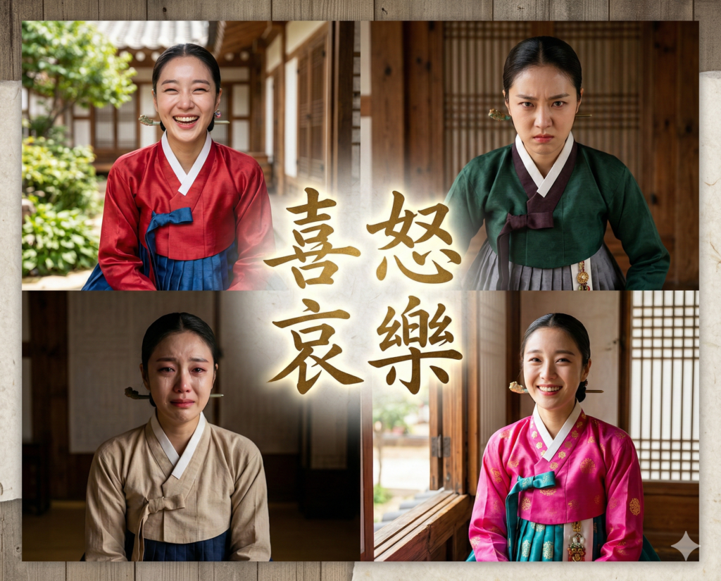 경국지색 뜻, 경천동지 뜻, 희로애락 뜻: 세상을 뒤흔드는 힘과 깊은 통찰 3 희로애락(喜怒哀樂) 뜻 – 기쁨, 노여움, 슬픔, 즐거움 등 인간의 모든 감정을 의미하며, 한자 '喜怒哀樂'이 배경에 흐르는 인생의 다양한 순간을 담은 사실적 이미지