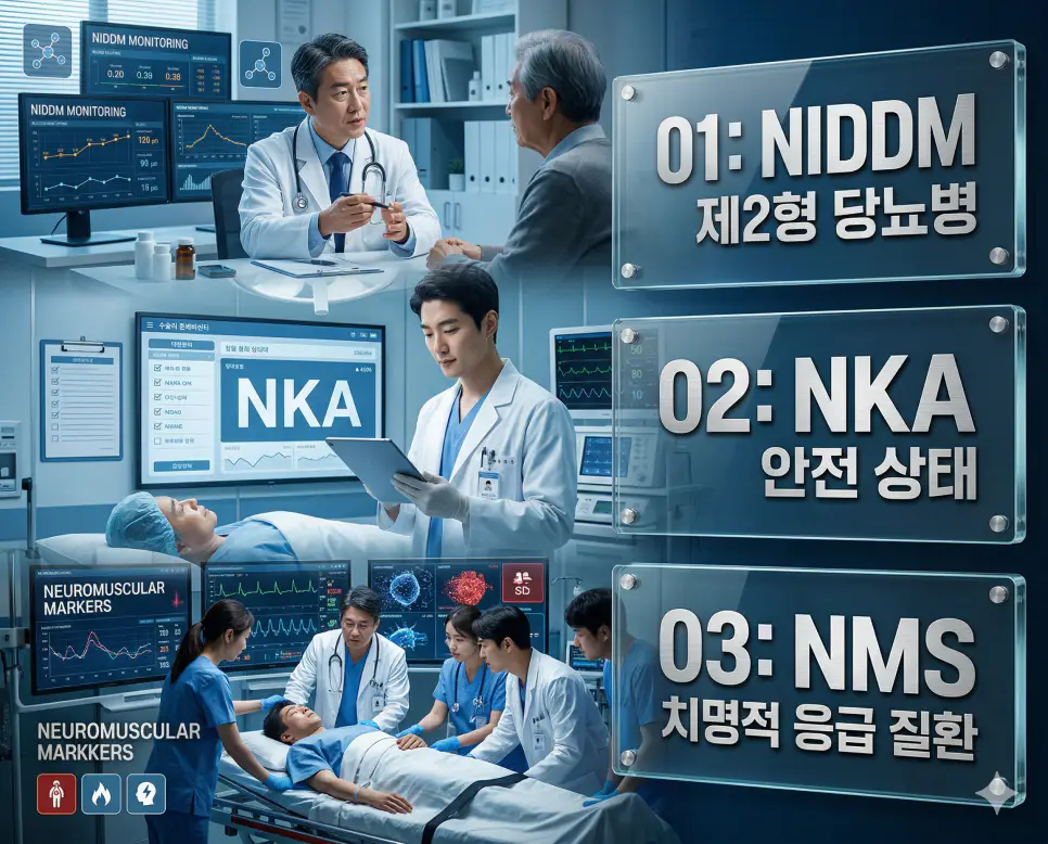 의학용어 NIDDM, NKA, NMS의 정의와 비인슐린 의존형 제2형 당뇨병, 알려진 알레르기 없는 안전 상태, 신경이완제 악성 응급 질환의 핵심 특징을 영화 포스터 스타일로 정리한 프리미엄 인포그래픽