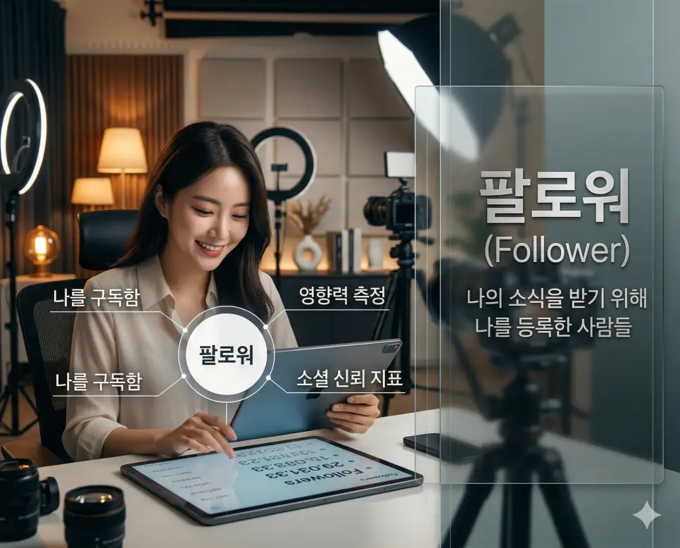 팔로워 뜻을 통해 나를 구독하는 사람들의 수와 이를 통한 온라인 영향력을 한국의 소셜 신뢰 지표로 시각화한 실사 이미지
