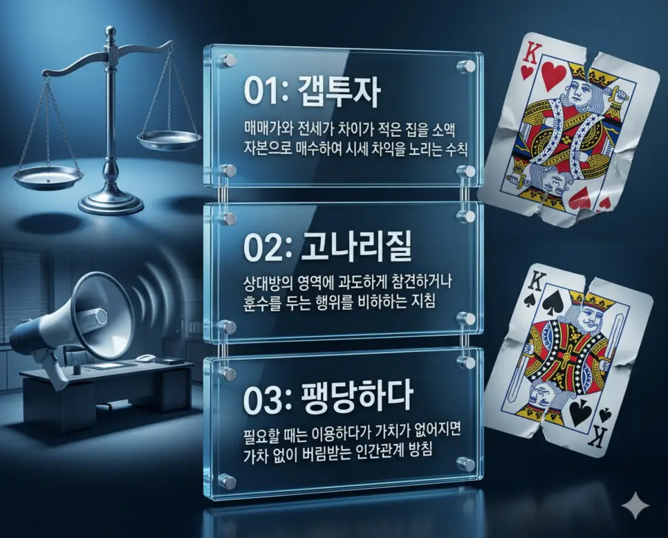 갭투자 뜻, 고나리질 뜻, 팽당하다 뜻: 시세 차익 추구와 부당한 간섭 및 토사구팽 완벽 정리 4 갭투자, 고나리질, 팽당하다 뜻의 정의와 시세 차익 추구, 부당한 간섭 행위, 일방적 토사구팽의 핵심 내용을 정리한 영화 포스터 스타일 인포그래픽