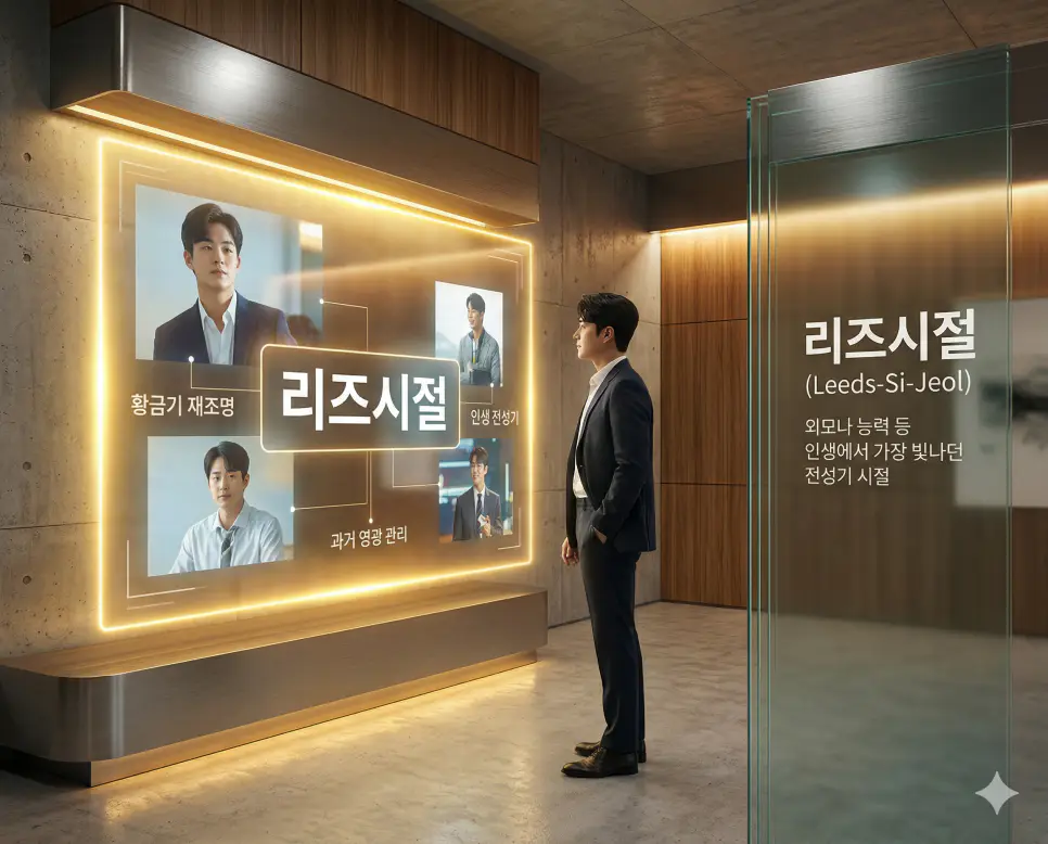 리즈시절 뜻을 통해 인생에서 외모와 능력 등이 가장 빛나던 전성기 시절을 뜻하는 과거 영광 관리 방침을 실사 스타일로 시각화한 이미지
