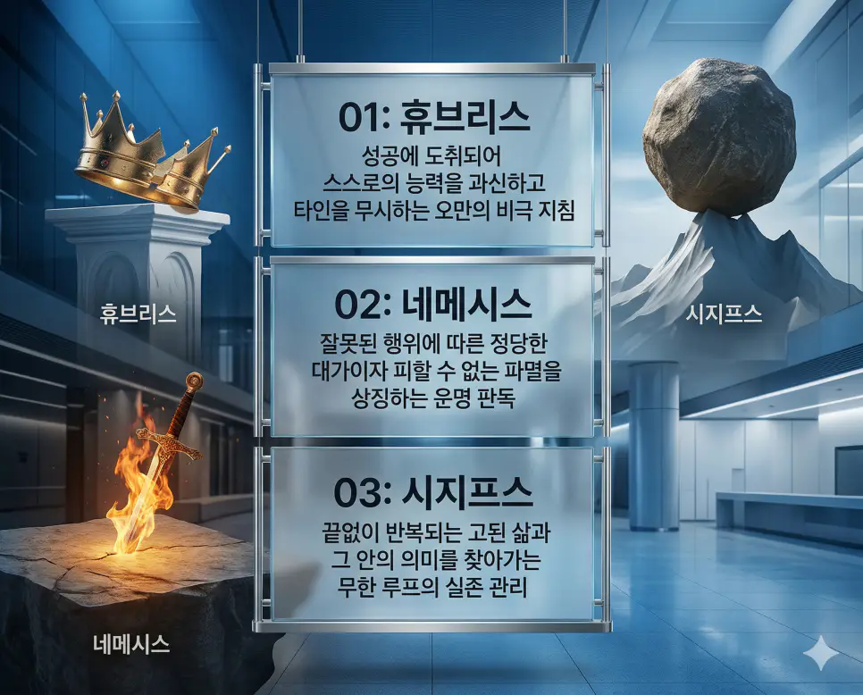 휴브리스 뜻, 네메시스 뜻, 시지프스 뜻: 오만의 비극과 인과응보 및 무한 루프 정리 4 휴브리스, 네메시스, 시지프스 뜻의 정의와 오만의 비극, 인과응보의 심판, 무한 루프의 도전 핵심 내용을 정리한 영화 포스터 스타일 인포그래픽