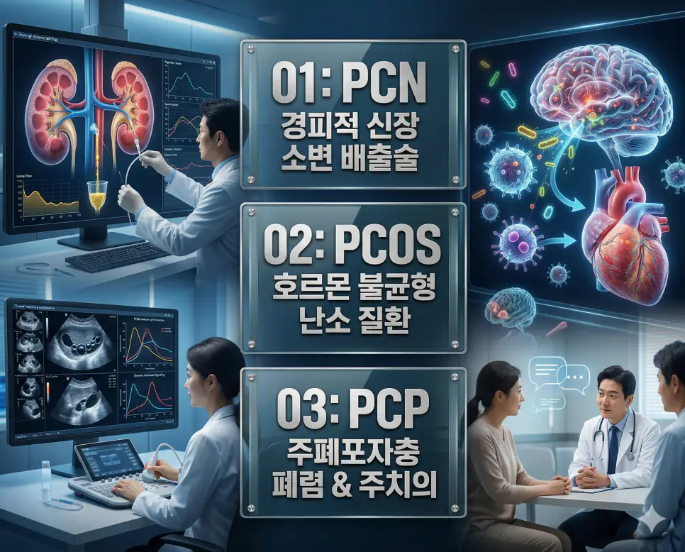 의학용어 PCN, PCOS, PCP 완벽 가이드 4 의학용어 PCN, PCOS, PCP의 정의와 경피적 신장 소변 배출술, 호르몬 불균형 난소 질환, 주폐포자충 폐렴 & 주치의의 핵심 특징을 영화 포스터 스타일로 정리한 프리미엄 인포그래픽