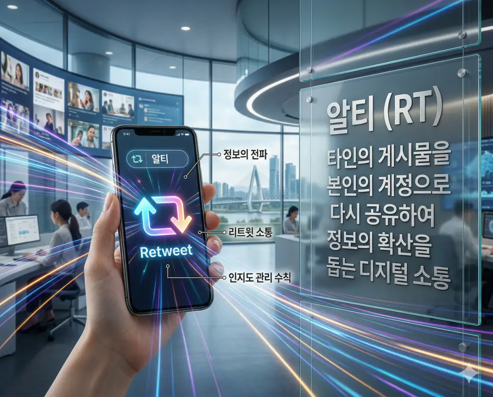 알부자 뜻, 안습 뜻, 알티 뜻: 고난의 극복과 시각적 비련 및 정보의 전파 정리 3 알티 뜻을 통해 타인의 게시물을 공유하여 정보의 확산을 돕는 디지털 소통과 인지도 관리를 시각화한 실사 이미지