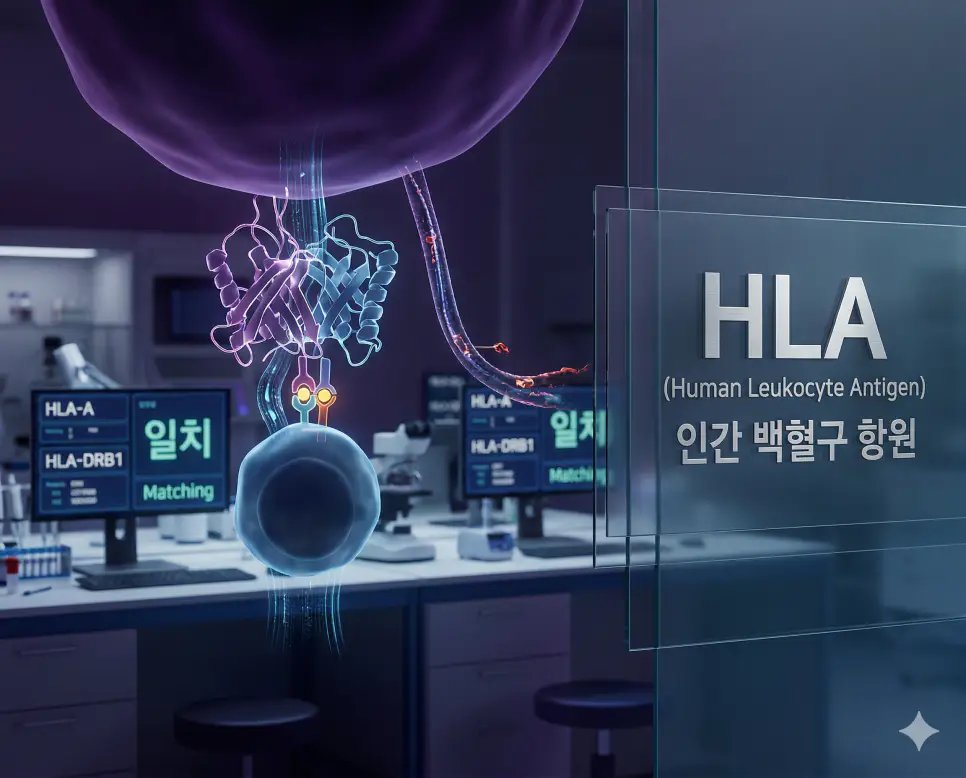 의학용어 HLA, HLD, HR 완벽 가이드 1 의학용어 HLA(인간 백혈구 항원) 검사를 통해 고유한 분자 마커가 T세포에 항원을 제시하고 면역 자기-비자기 구별 및 장기 이식 적합성을 판별하는 분자 기전 시각화 이미지
