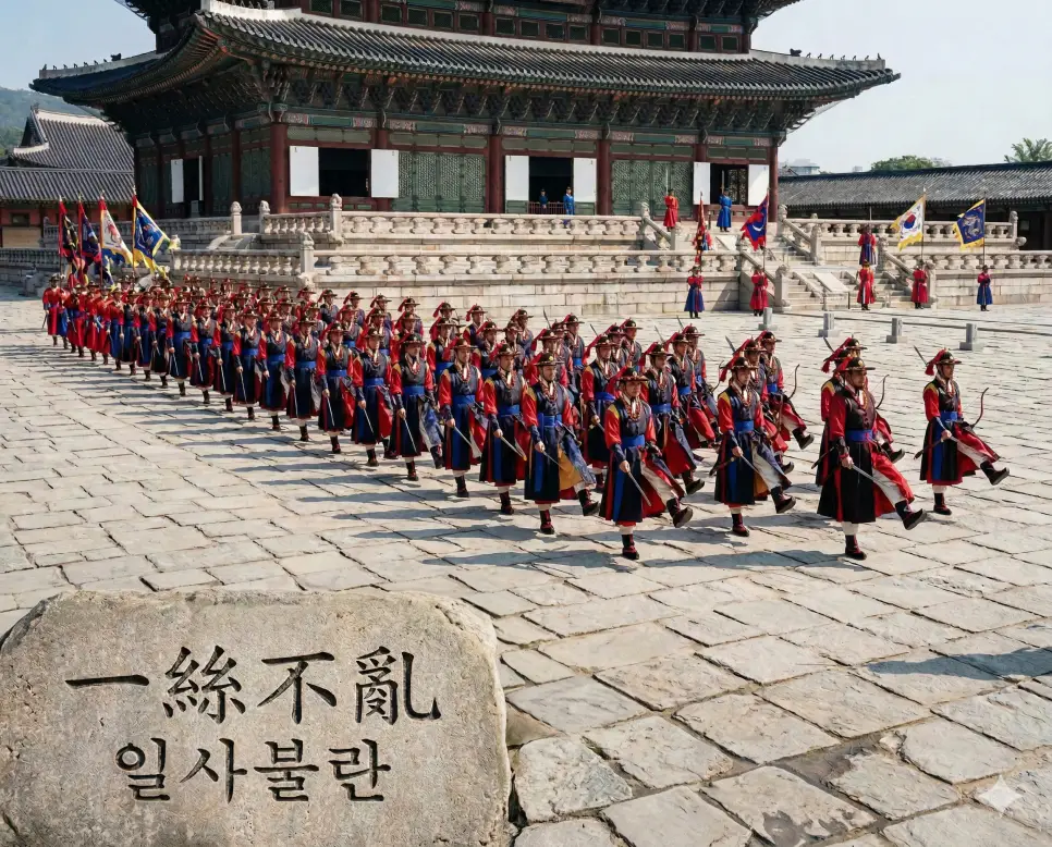 일사각오 뜻, 일사불란 뜻, 일사천리 뜻: 비장한 결의와 완벽한 질서, 쾌속 진행의 지혜 2 일사불란(一絲不亂) 뜻 – 실오라기 하나 엉키지 않는 질서를 의미하며, 궁궐 뜰에서 완벽하게 대열을 맞춰 행진하는 호위병들의 사실적인 이미지