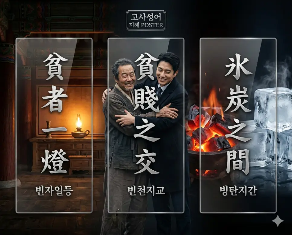 빈자일등 뜻, 빈천지교 뜻, 빙탄지간 뜻: 진심의 가치와 변치 않는 인연, 상극의 지혜 정리 4 빈자일등, 빈천지교, 빙탄지간의 뜻과 핵심을 담은 세련된 영화 포스터 스타일의 FAQ 인포그래픽