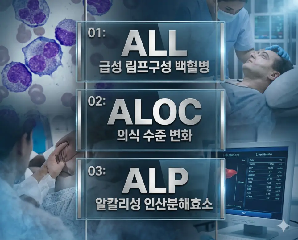 의학용어 ALL, ALOC, ALP 4 의학용어 ALL, ALOC, ALP의 의미를 직관적인 의료 이미지들과 함께 세련된 포스터 스타일로 담은 프리미엄 인포그래픽