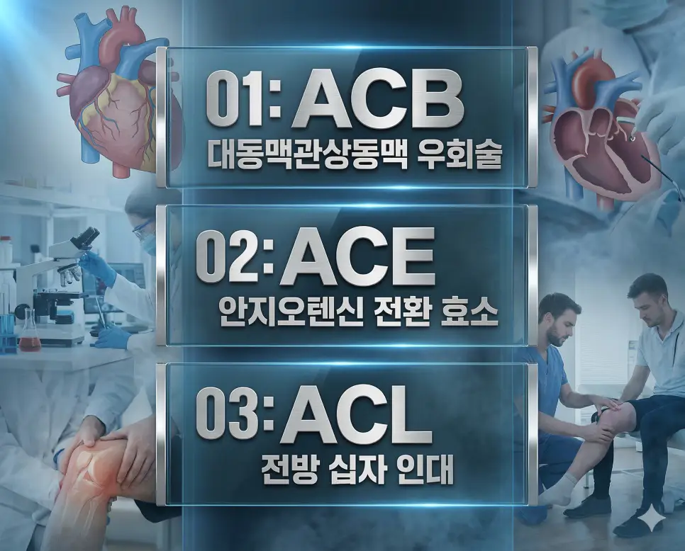 의학용어 ACB, ACE, ACL의 의미를 세련된 포스터 스타일로 담은 프리미엄 의료 인포그래픽