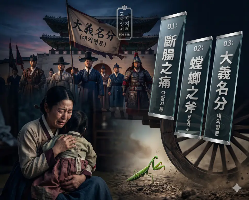 단장지통 뜻, 당랑지부 뜻, 대의명분 뜻: 창자가 끊어지는 슬픔과 무모한 도전, 정당한 명분의 지혜 정리 4 단장지통, 당랑지부, 대의명분의 뜻과 핵심 지혜를 담은 세련된 영화 포스터 스타일의 고사성어 인포그래픽