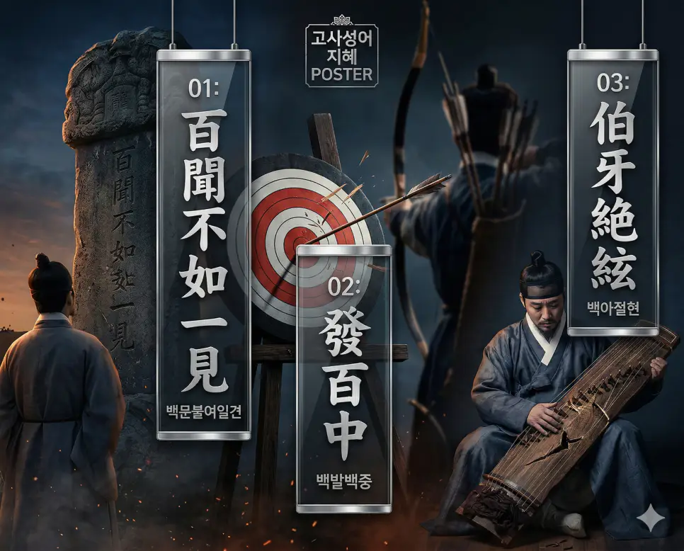 백문불여일견 뜻, 백발백중 뜻, 백아절현 뜻: 실천의 가치와 완벽한 실력, 진정한 우정의 지혜 정리 4 백문불여일견, 백발백중, 백아절현의 뜻과 핵심을 담은 세련된 영화 포스터 스타일의 FAQ 인포그래픽