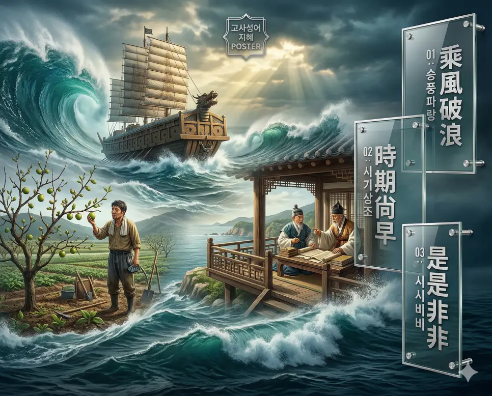 승풍파랑, 시기상조, 시시비비의 뜻과 핵심을 담은 세련된 영화 포스터 스타일의 FAQ 인포그래픽