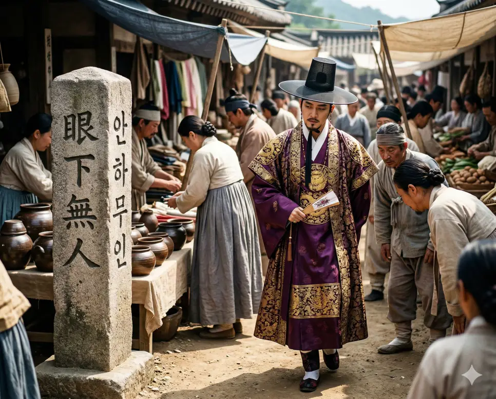 안하무인(眼下無人) 뜻 – 눈 아래에 사람이 없다는 뜻으로 교만함을 의미하며, 시장통에서 거만하게 고개를 들고 사람들을 무시하는 양반의 사실적 이미지