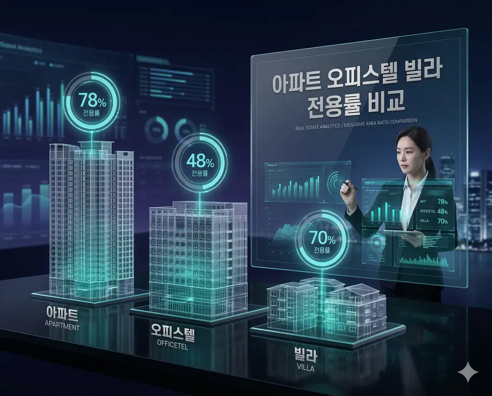 공급면적 전용면적 계산기 (아파트 오피스텔 빌라 전용률 비교) 3 아파트 오피스텔 빌라 건물 유형별 전용률을 비교한 시각화 이미지