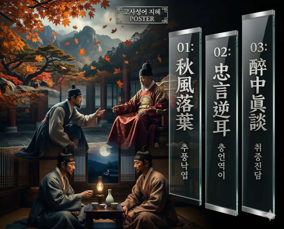 추풍낙엽, 충언역이, 취중진담의 뜻과 핵심을 담은 세련된 영화 포스터 스타일의 고사성어 인포그래픽