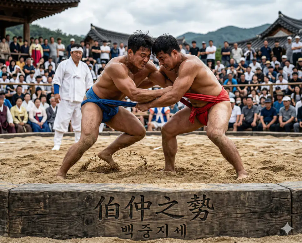 백중지세(伯仲之勢) 뜻 – 우열을 가리기 어려운 형세를 의미하며, 씨름판 중앙에서 팽팽하게 맞붙은 두 씨름꾼의 사실적 이미지