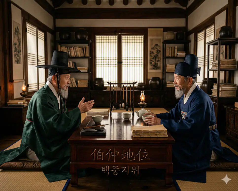 백중지위(伯仲地位) 뜻 – 서로 대등한 지위를 의미하며, 사랑방에서 마주 앉아 대등하게 토론하는 두 학자의 사실적 이미지