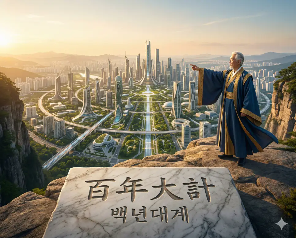 백년대계(百年大計) 뜻 – 먼 앞날까지 내다보고 세우는 큰 계획을 의미하며, 미래 도시의 청사진을 제시하는 지도자의 웅장하고 사실적인 이미지
