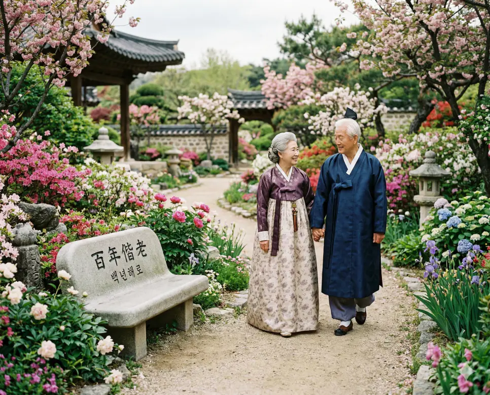 백년하청 뜻, 백년해로 뜻, 백면서생 뜻: 기다림의 한계와 평생의 동행, 실전 지혜 정리 2 백년해로(百年偕老) 뜻 – 부부가 되어 평생을 함께 늙어감을 의미하며, 정원에서 다정하게 산책하는 노부부의 평화롭고 사실적인 이미지