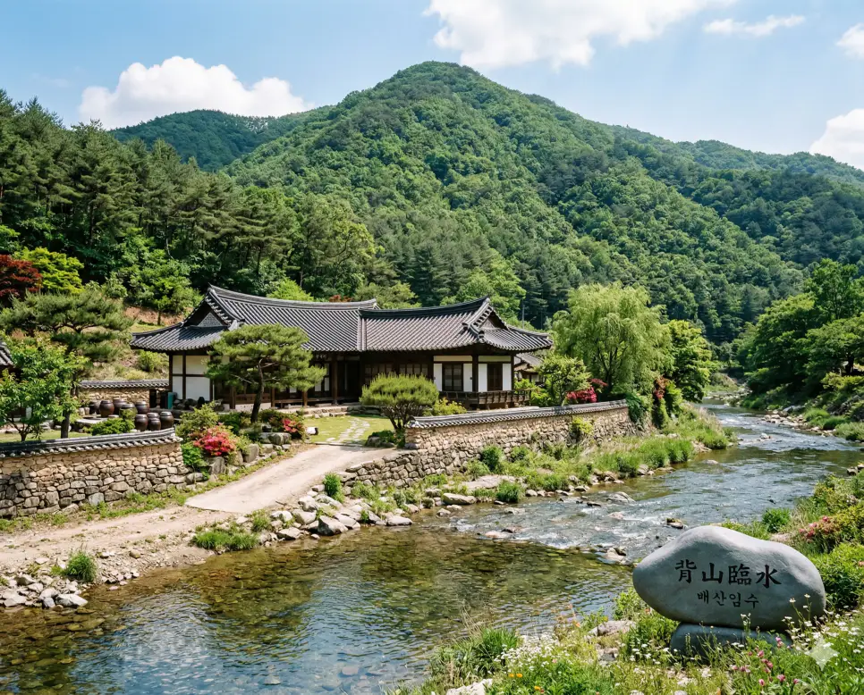 배산임수(背山臨水) 뜻 – 산을 등지고 물을 바라보는 명당을 의미하며, 산과 강 사이에 자리 잡은 평화로운 한옥의 사실적 이미지