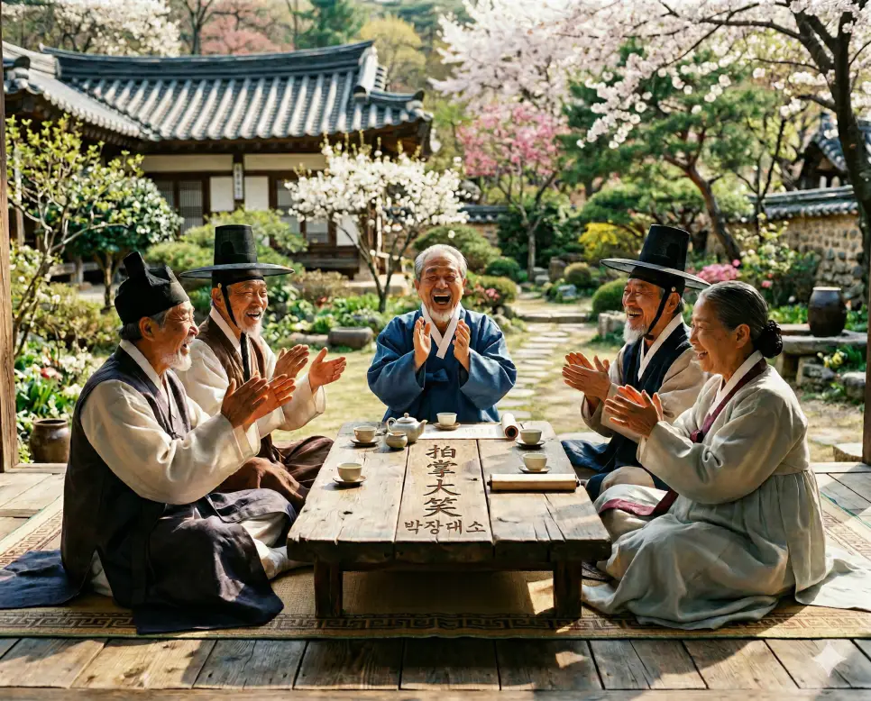 박장대소(拍掌大笑) 뜻 – 손뼉을 치며 크게 웃음을 의미하며, 정원에서 선비들이 환하게 웃고 있는 유쾌하고 사실적인 이미지