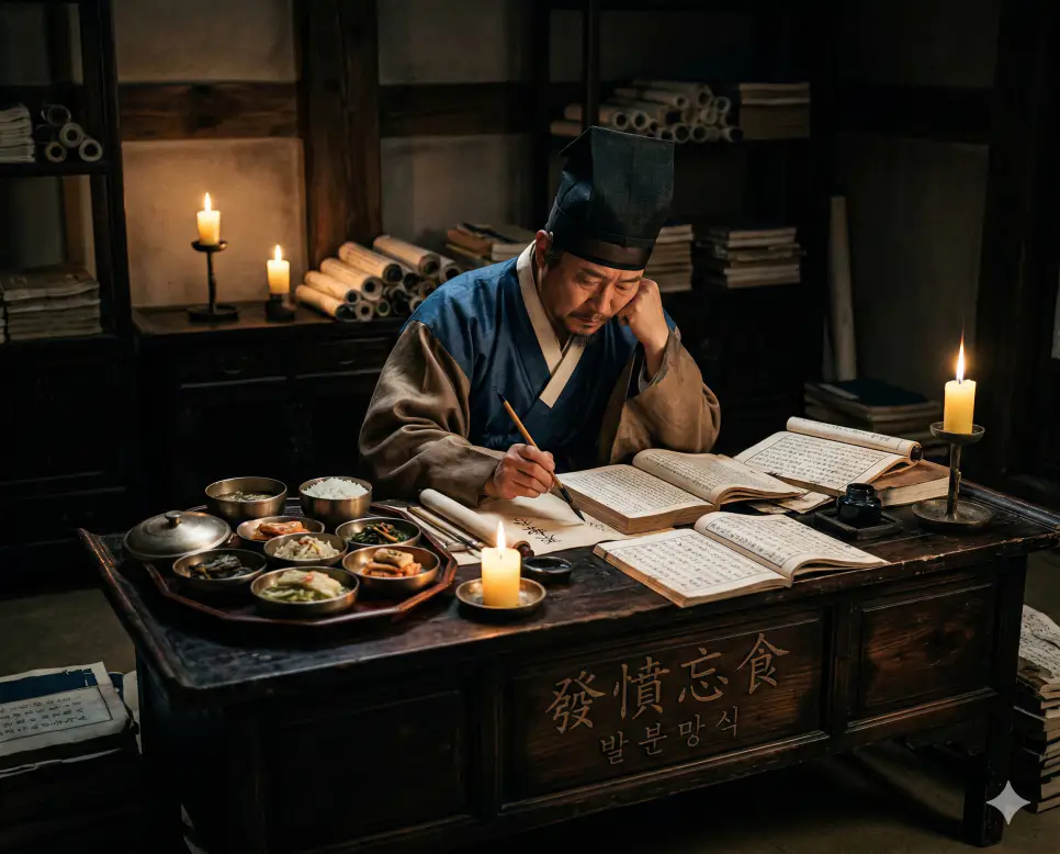 발분망식(發憤忘食) 뜻 – 마음을 다해 끼니조차 잊고 매진함을 의미하며, 촛불 아래 학문에 몰두하여 음식도 잊은 선비의 사실적 이미지