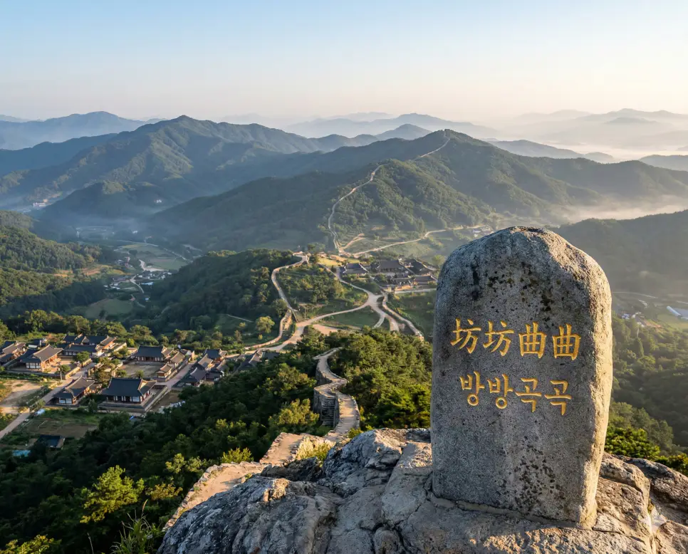 방방곡곡(坊坊曲曲) 뜻 – 나라 안의 모든 곳을 의미하며, 산과 마을이 끝없이 펼쳐진 우리 국토의 아름답고 사실적인 이미지