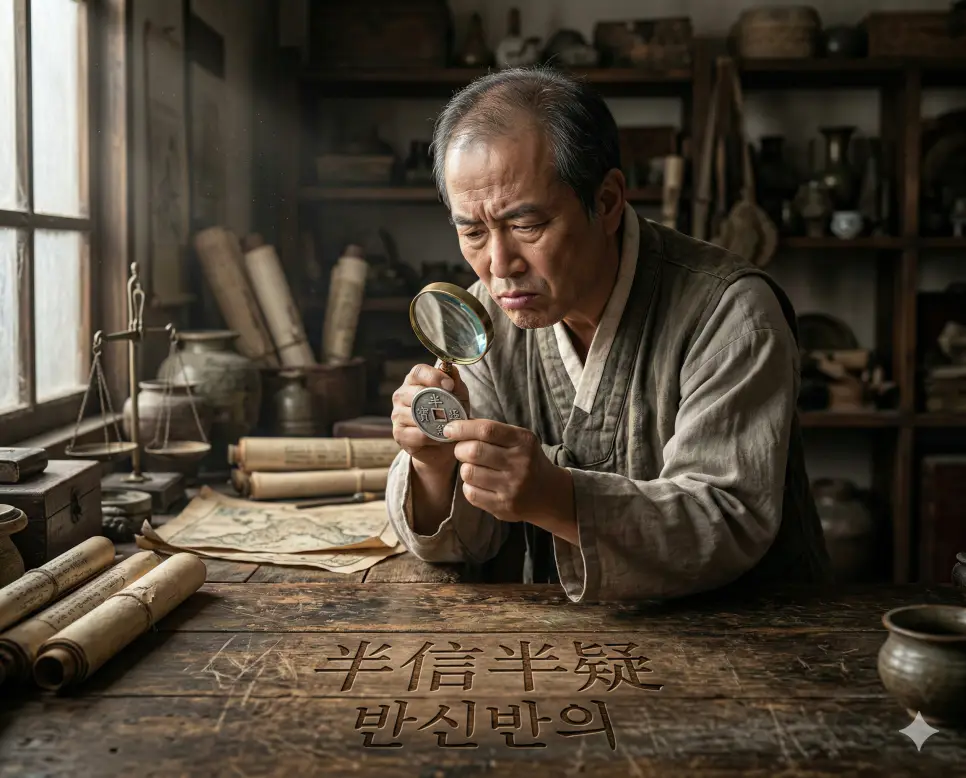 반신반의(半信半疑) 뜻 – 반은 믿고 반은 의심함을 의미하며, 골동품 동전의 진위 여부를 고민하는 상인의 사실적 이미지