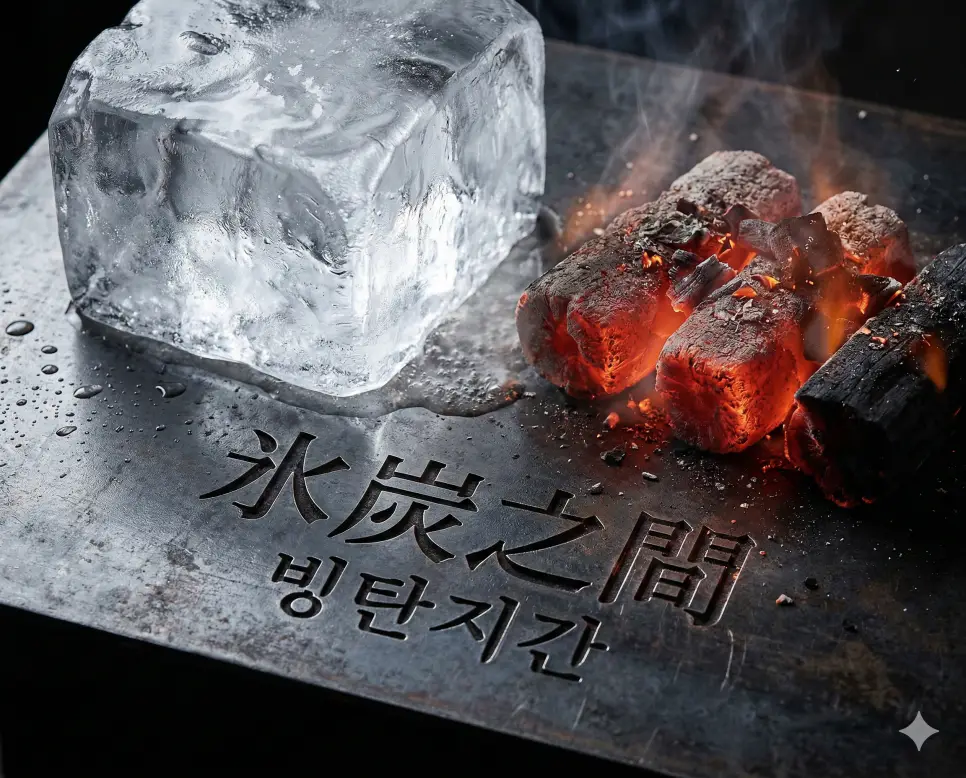 빈자일등 뜻, 빈천지교 뜻, 빙탄지간 뜻: 진심의 가치와 변치 않는 인연, 상극의 지혜 정리 3 빙탄지간(氷炭之間) 뜻 – 얼음과 숯처럼 서로 화합할 수 없는 사이를 의미하며, 차가운 얼음과 뜨겁게 타오르는 숯이 대치하고 있는 고화질 사실적 이미지