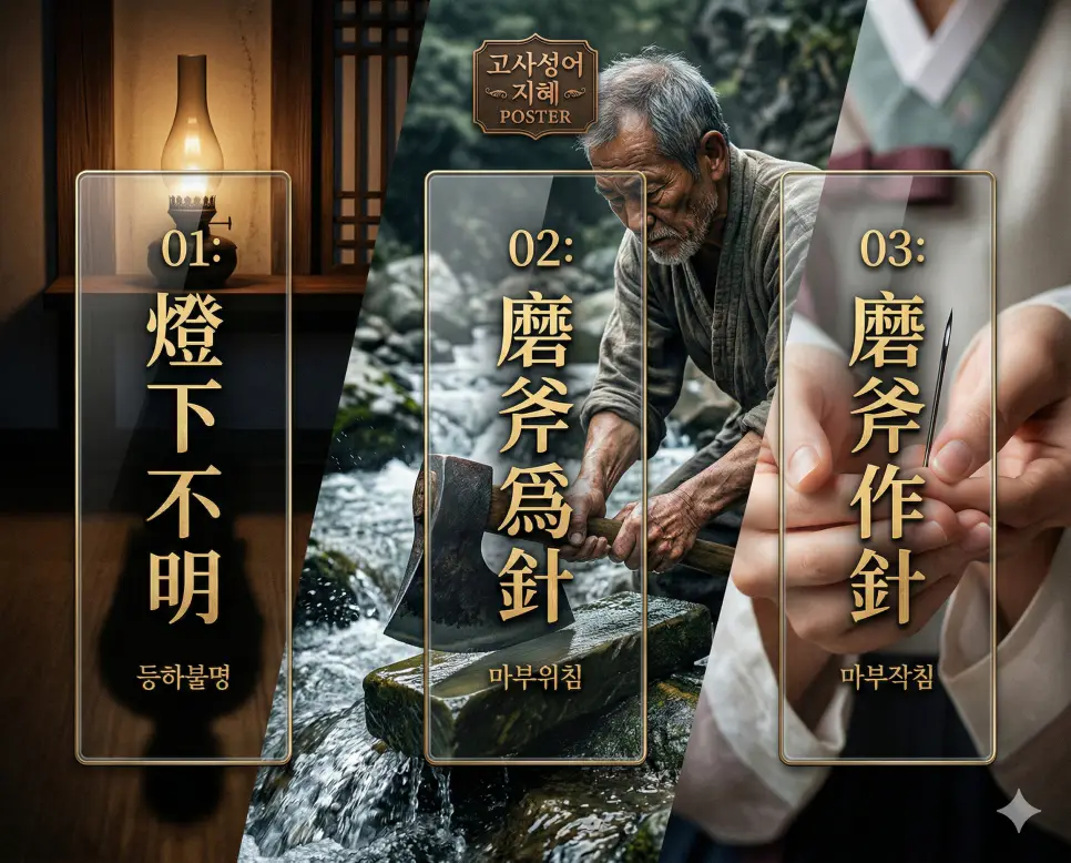 등하불명, 마부위침, 마부작침의 뜻과 핵심을 배경 이미지와 함께 정리한 세련된 영화 포스터 스타일의 FAQ 인포그래픽