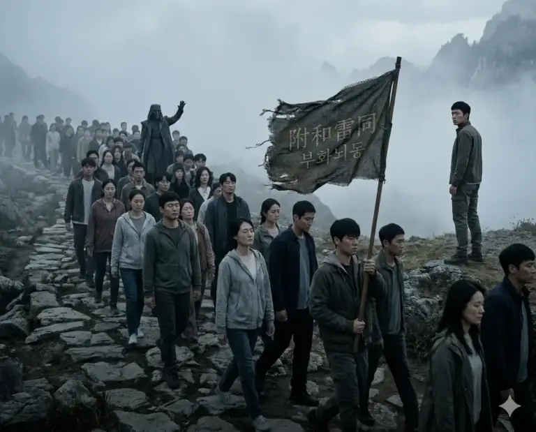 buhwa noedong crowd blindly following flag realistic