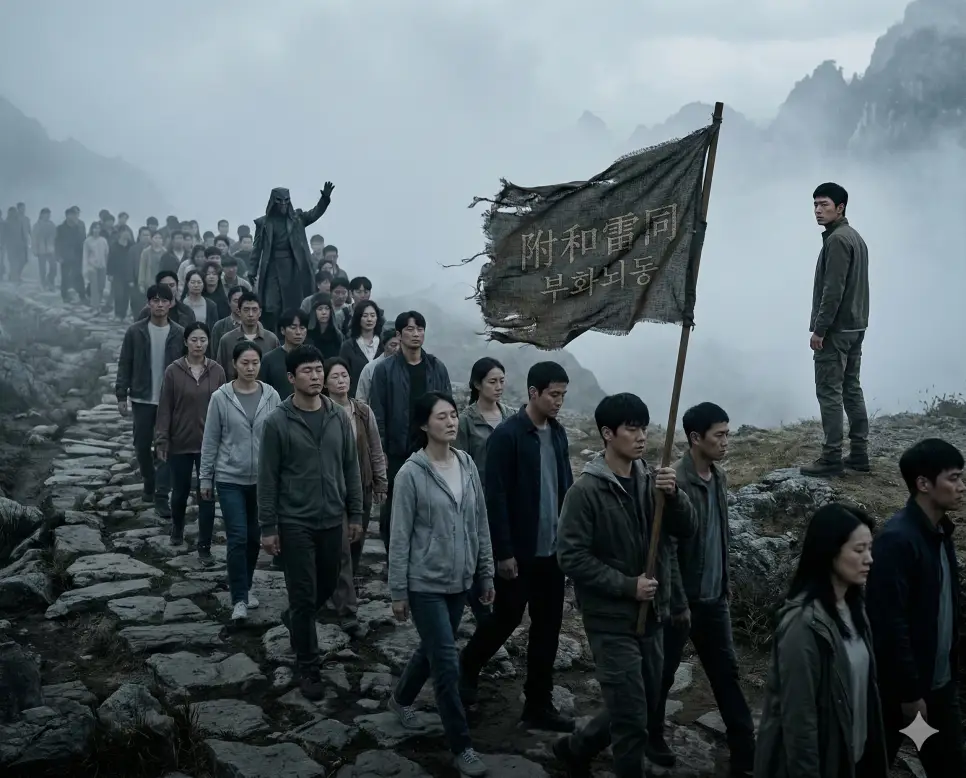 부화뇌동(附和雷同) 뜻 – 주관 없이 남들의 언행에 무작정 따름을 의미하며, 군중을 따라 안개 속으로 걸어가는 사람들의 사실적 이미지