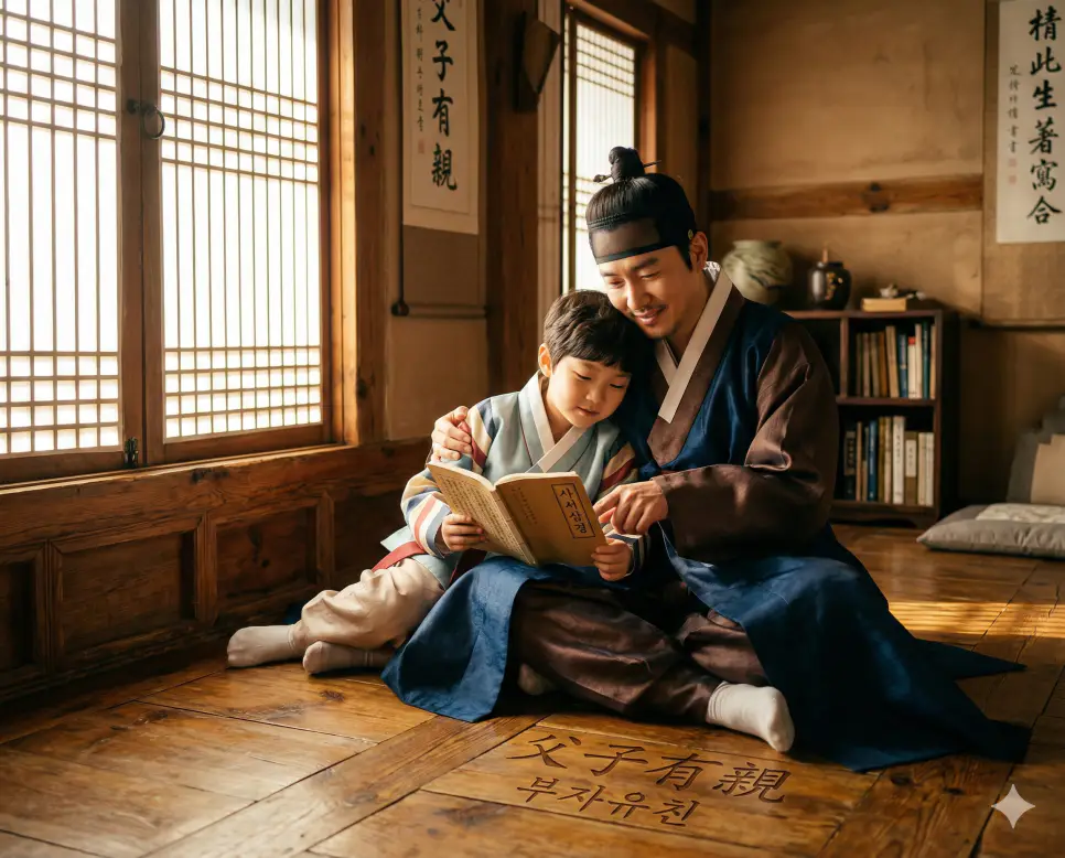 부귀영화 뜻, 부자유친 뜻, 부창부수 뜻: 풍요로운 삶과 가족의 사랑, 부부 화합의 지혜 정리 2 부자유친(父子有親) 뜻 – 부모와 자식 사이에는 친애함이 있어야 함을 의미하며, 따뜻한 햇살 아래 함께 책을 읽는 부자의 사실적 이미지