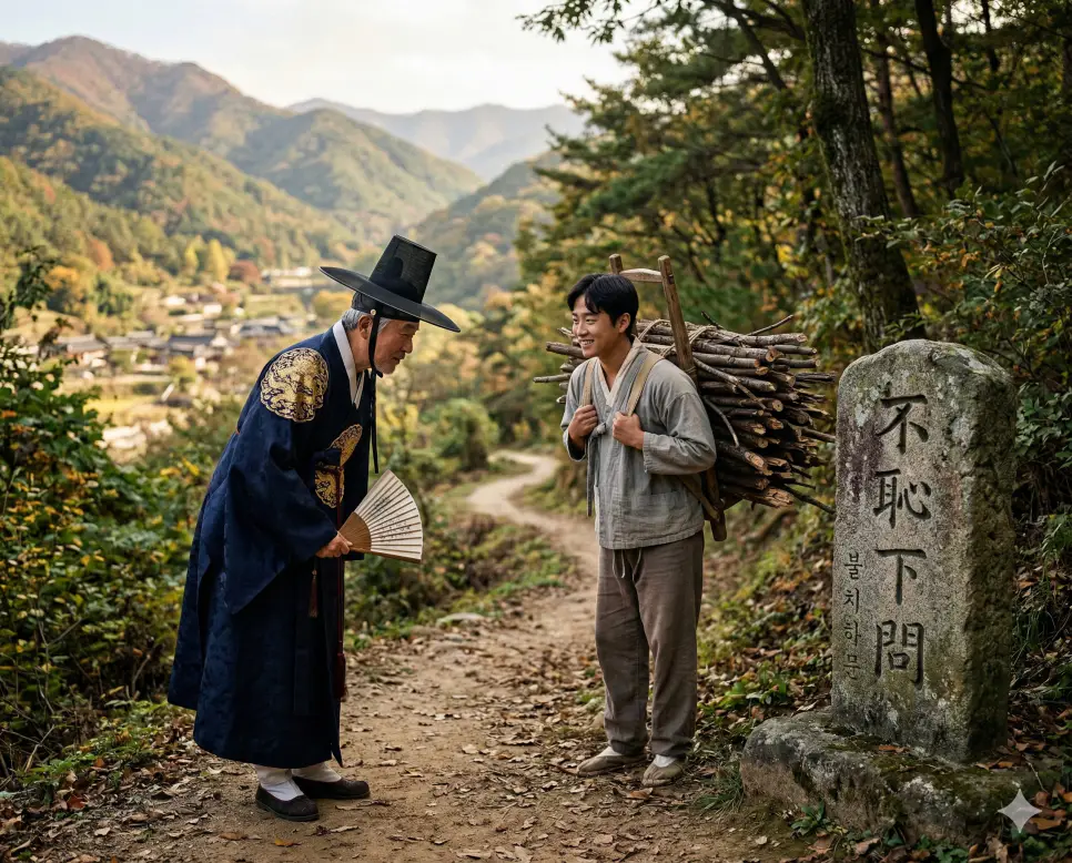 불입호혈 뜻, 불철주야 뜻, 불치하문 뜻: 도전의 용기와 불침번의 노력, 겸손의 지혜 정리 3 불치하문(不恥下問) 뜻 – 아랫사람에게 묻는 것을 부끄러워하지 않음을 의미하며, 젊은 나무꾼에게 겸손하게 가르침을 청하는 고위 학자의 사실적 이미지