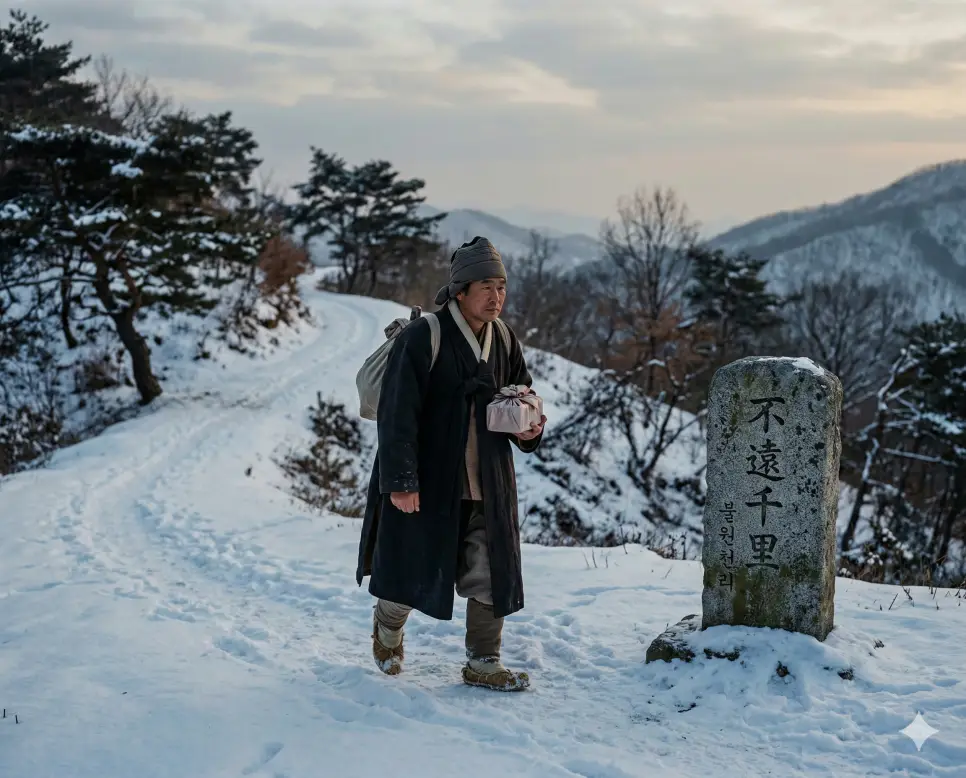 불원천리(不遠千里) 뜻 – 천 리 길도 멀다 하지 않고 달려가는 정성을 의미하며, 눈 덮인 산길을 묵묵히 걸어가는 나그네의 감성적이고 사실적인 이미지