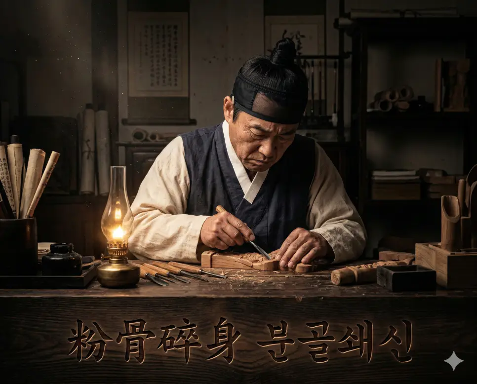 분골쇄신(粉骨碎身) 뜻 – 뼈를 가루로 만들고 몸을 부순다는 뜻으로 온 힘을 다함을 의미하며, 등불 아래 작업에 몰두하는 장인의 사실적 이미지