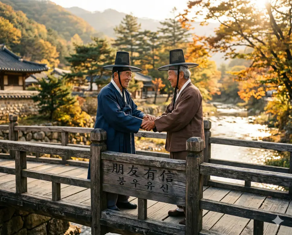 불편부당 뜻, 불혹 뜻, 붕우유신 뜻: 공정의 가치와 흔들리지 않는 지혜, 신의의 미학 정리 3 붕우유신(朋友有信) 뜻 – 친구 사이의 도리는 믿음에 있음을 의미하며, 따뜻한 햇살 아래 다리 위에서 손을 맞잡은 두 친구의 사실적 이미지