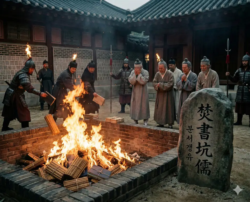 분서갱유(焚書坑儒) 뜻 – 책을 태우고 선비를 산채로 묻는 가혹한 탄압을 의미하며, 불길 속으로 던져지는 고서와 슬퍼하는 학자들의 사실적 이미지