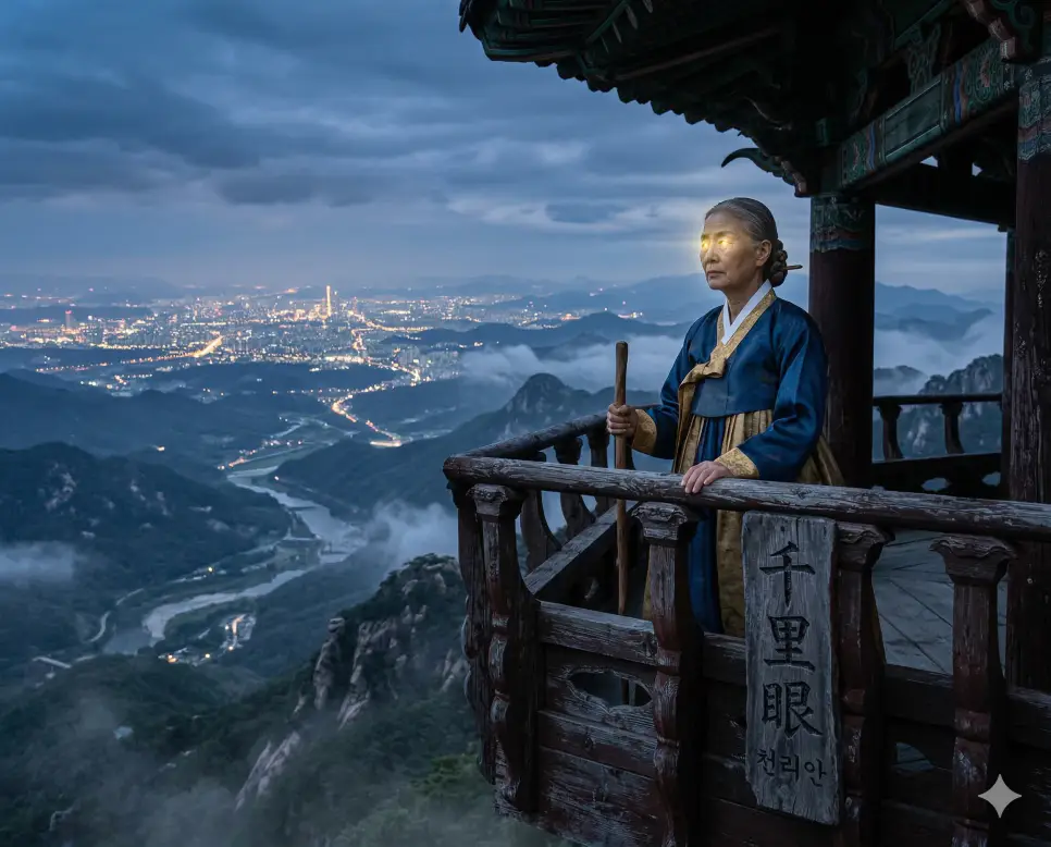천리안(千里眼) 뜻 – 천 리 밖을 보는 눈이라는 뜻으로 사물을 꿰뚫어 보는 통찰력을 의미하며, 높은 곳에서 먼 곳을 바라보는 인물의 사실적 이미지