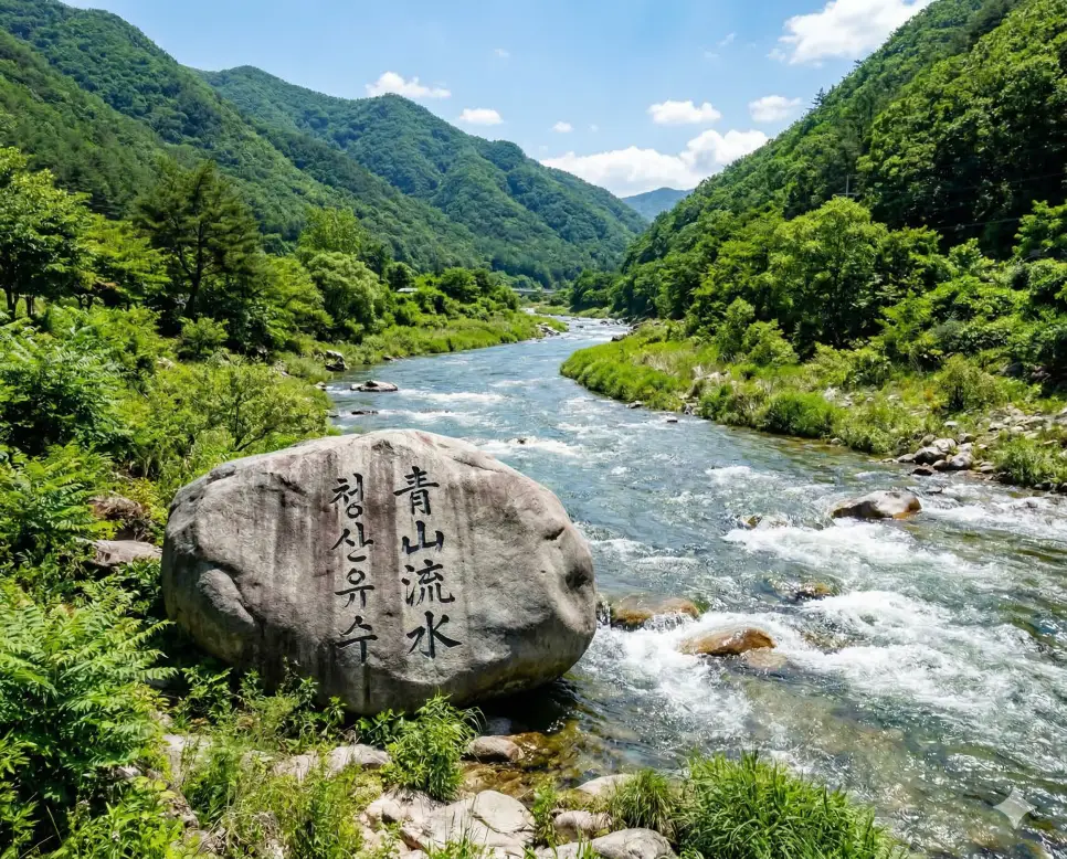청산유수(靑山流水) 뜻 – 푸른 산에 흐르는 물이라는 뜻으로 거침없고 유창한 말솜씨를 상징하는 사실적 이미지